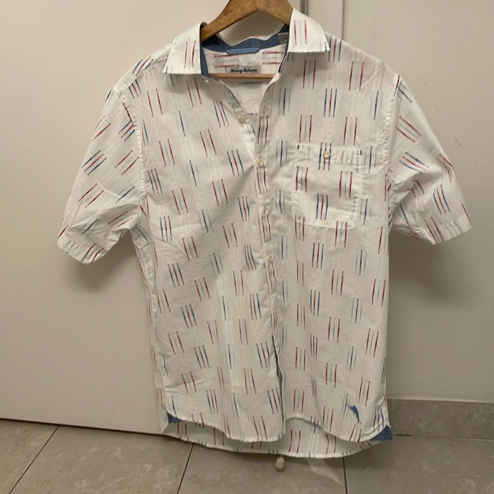 Tommy Bahama Men's Medium Button Down, Red and Blue Stripes